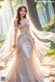 A woman in a wedding dress standing in the woods.