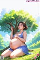 A pregnant woman sitting under a tree in a field.