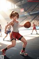 A woman in a red and white uniform holding a basketball.