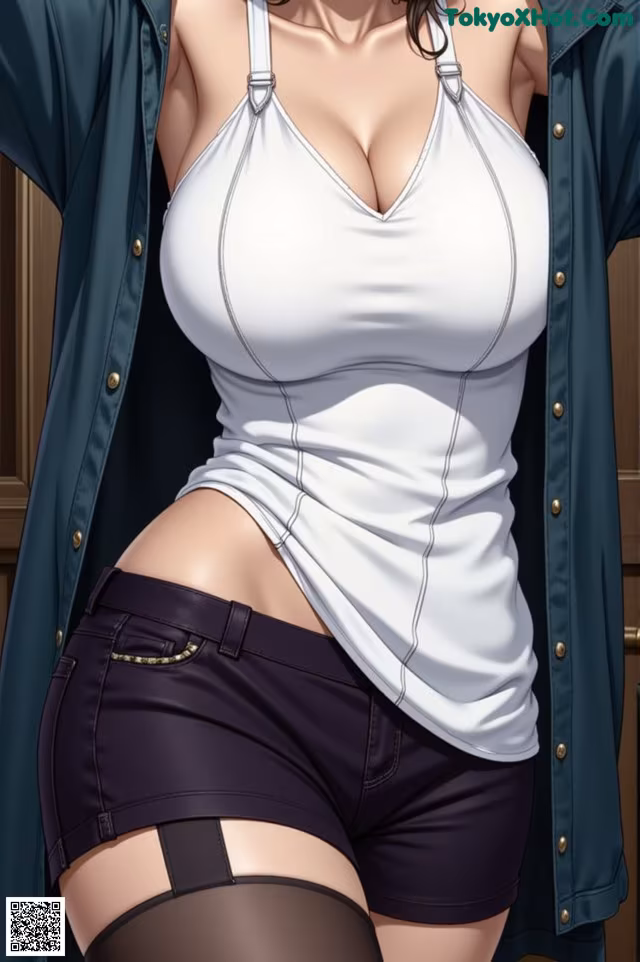 A woman in a white tank top and black shorts.