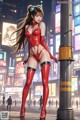 A woman in a red latex outfit standing on a city street.